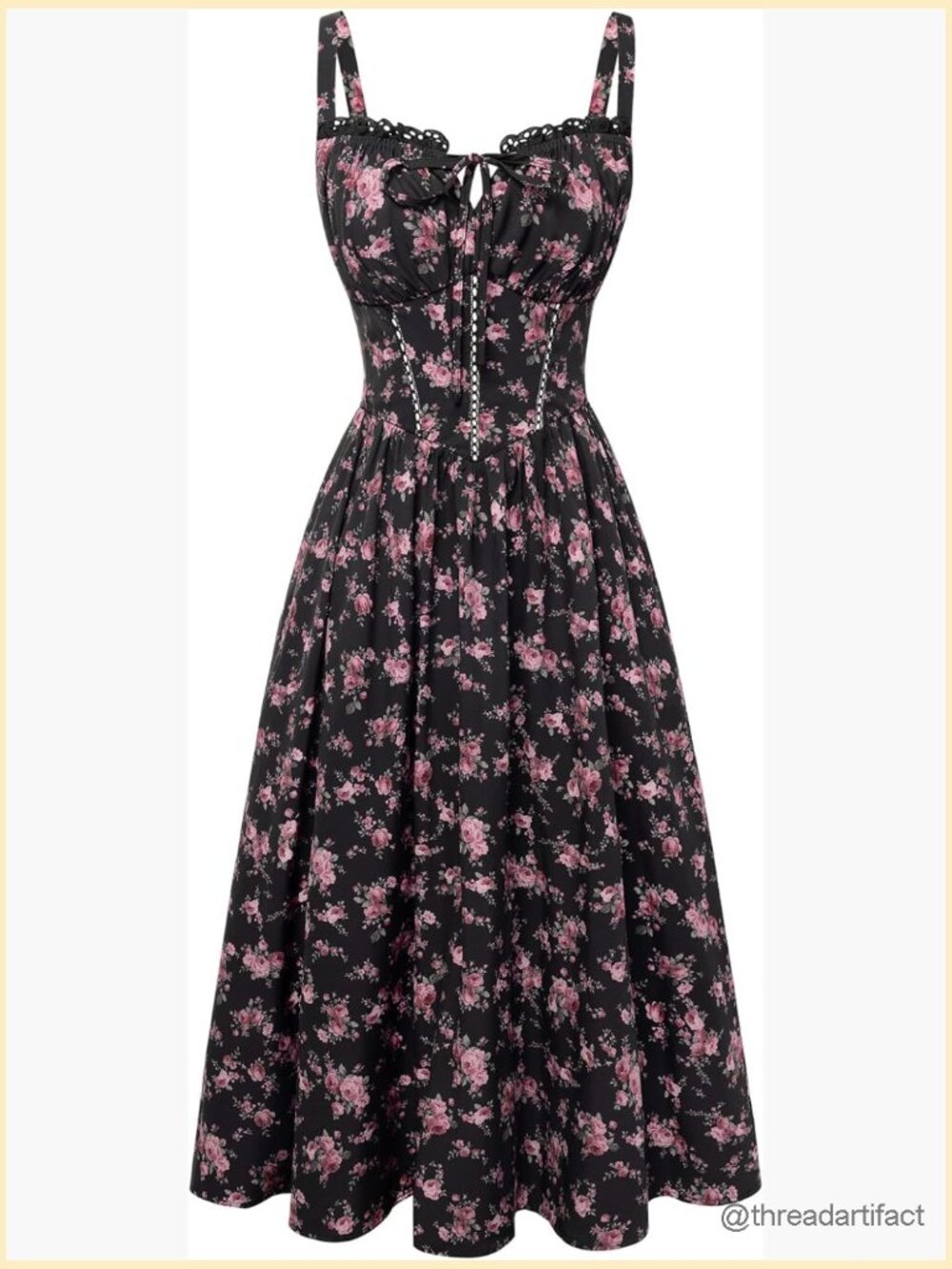 Floral Corset Dress with Pockets Midi Length Smocked Back Lace Trim